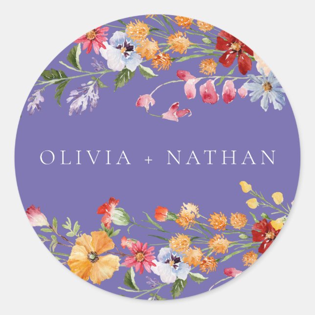 Sticker Rond Colorful Watercolor Wildflowers Purple Wedding (Devant)