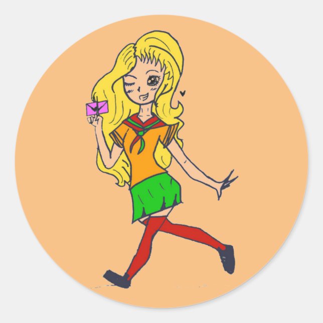 Sticker Rond Colourful blonde cartoon girl. Fluffy.  (Devant)
