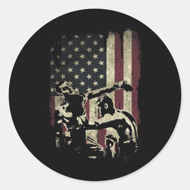 Sticker Rond Combattants de kickboxing sur drapeau américain pa (Devant)