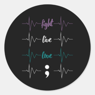 Sticker Rond Combattez Live Love Semicolon Heartbeat Suicide Aw