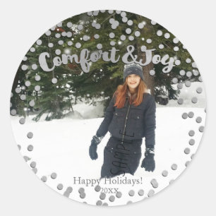 Sticker Rond Comfort & Joy Argent Fêtes de Noël Photo