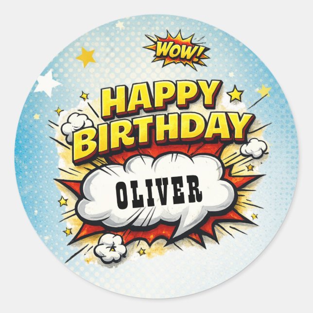 Sticker Rond Comic Style Superhero Boy's Name Birthday  (Devant)