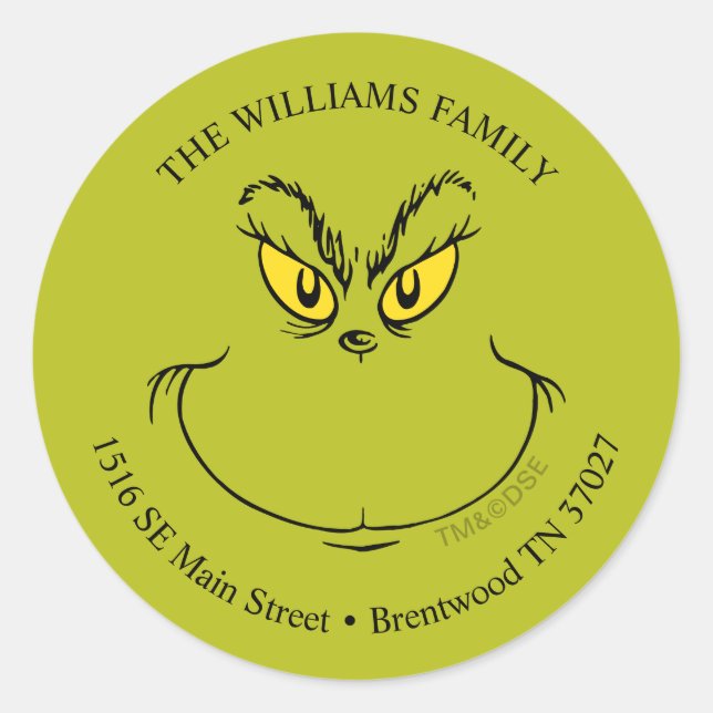 Sticker Rond Comment Grinch Stole Visage de Noël - Adresse (Devant)