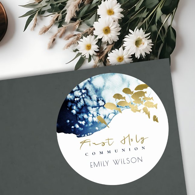 STICKER ROND COMMION SOLENNELLE POISSONS DE MER NAVY OR (Créateur téléchargé)