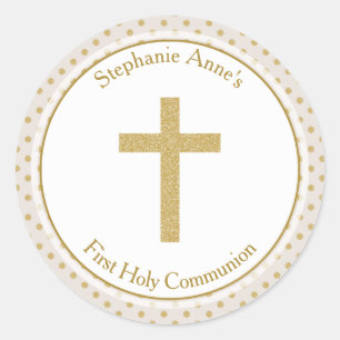 Sticker Rond Communion beige avec Pois d'or