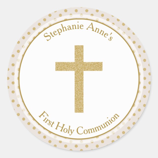 Sticker Rond Communion beige avec Pois d'or (Devant)
