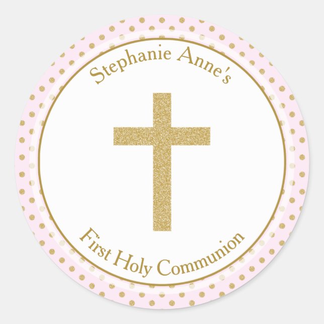 Sticker Rond Communion rose avec Pois d'or (Devant)