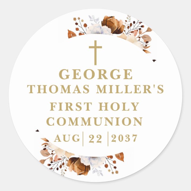 Sticker Rond Communion solennelle botanique moderne rustique d' (Devant)