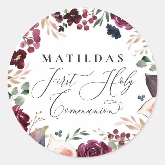 Sticker Rond Communion solennelle florale aquarelle violette et (Devant)