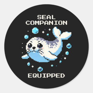 Sticker Rond Compagnon Phoque Équipé Pixel Art Phoque Vibes Rét