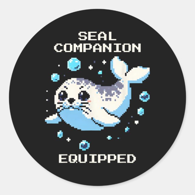 Sticker Rond Compagnon Phoque Équipé Pixel Art Phoque Vibes Rét (Devant)