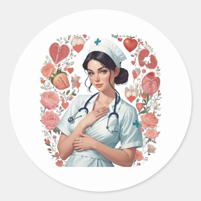 Sticker Rond Compassionate Nurse – Elegant Floral Art Illustrat (Devant)