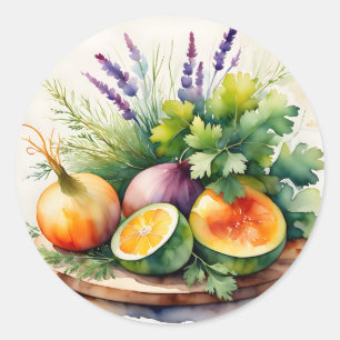 Sticker Rond Composition aquarelle d'herbes fraîches et de citr