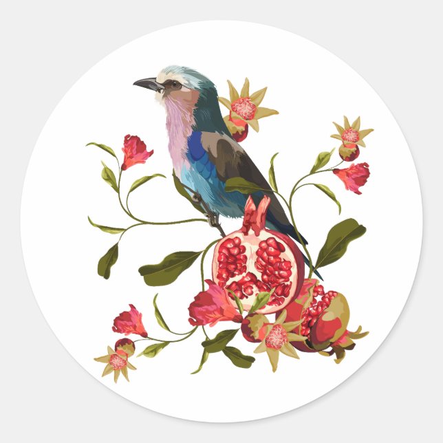 Sticker Rond Composition de fruits d'oiseaux et de grenades. (Devant)