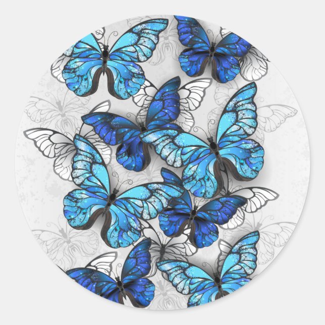 Sticker Rond Composition de papillons blancs et bleus (Devant)
