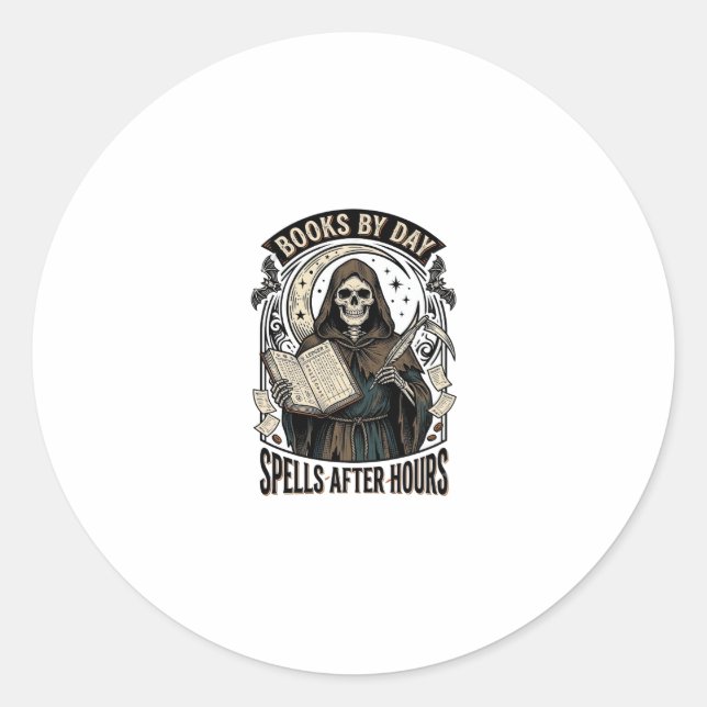Sticker Rond Comptable d'Halloween Sorcière Reaper Design Vinta (Devant)