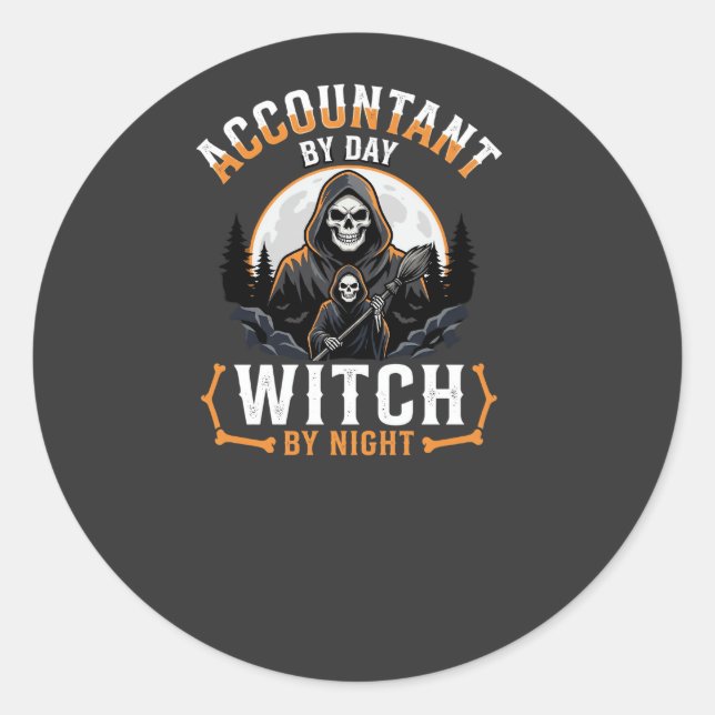 Sticker Rond Comptable Halloween le jour Sorcière la nuit Desig (Devant)
