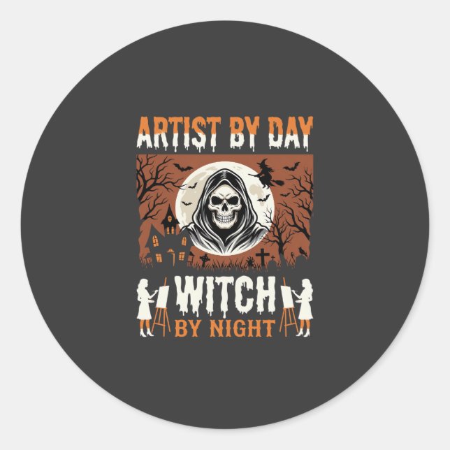 Sticker Rond Conception d'artiste d'Halloween de jour Sorcière  (Devant)