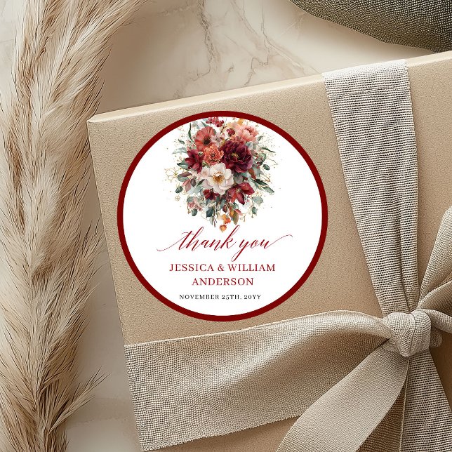 Sticker Rond Conception d'autocollant de mariage automnal borde (Floral Burgundy Autumn Wedding Sticker Design

)