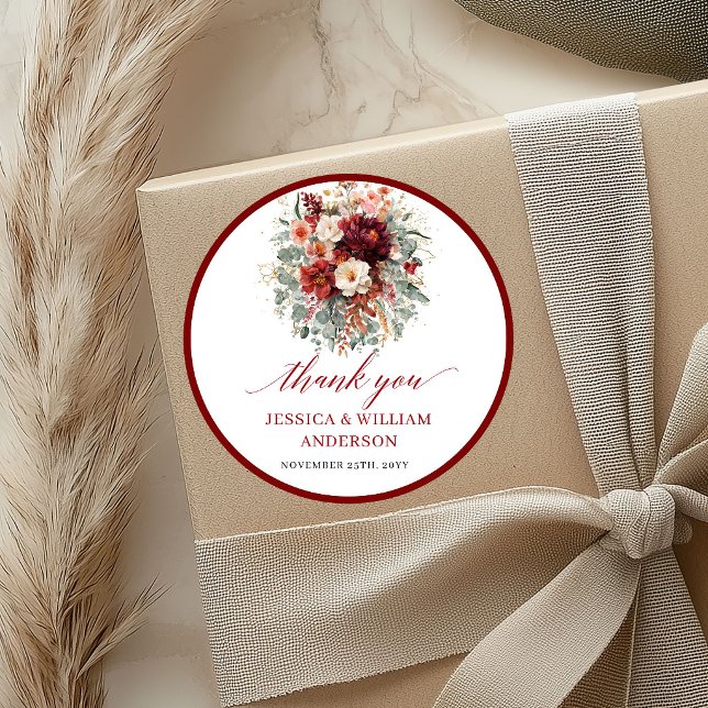 Sticker Rond Conception d'autocollant de mariage classique roug (Classic Deep Red Autumn Wedding Sticker Design

)