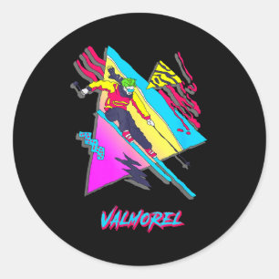 Sticker Rond Conception d'aventure de ski rétro coloré Valmorel