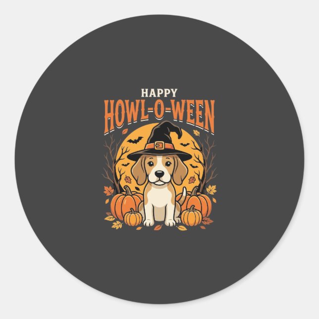 Sticker Rond Conception de Beagle Halloween Howl-O-Ween Chien C (Devant)