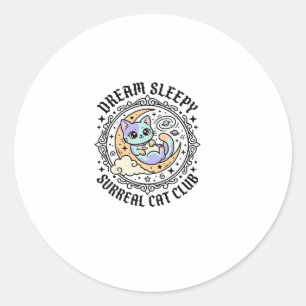 Sticker Rond Conception de chat surréaliste endormi rêveur drôl