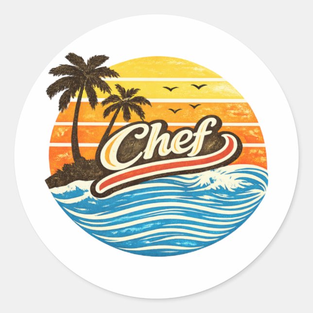 Sticker Rond Conception de Chef Rétro Coucher de Soleil (Devant)