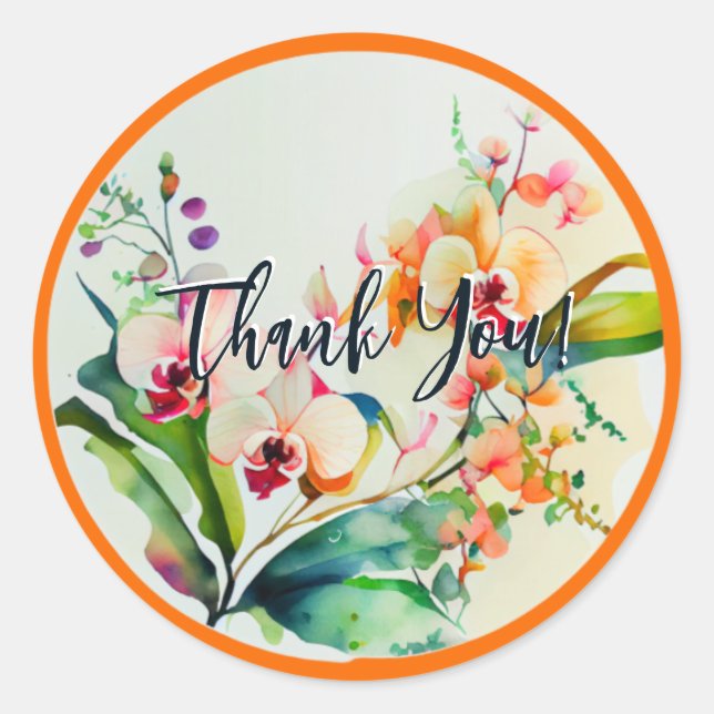 STICKER ROND CONCEPTION DE COULEUR D'EAU FLEURS ORCHIDES "MERCI (Devant)