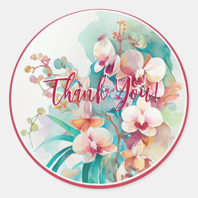 STICKER ROND CONCEPTION DE COULEUR D'EAU FLEURS ORCHIDES "MERCI (Devant)