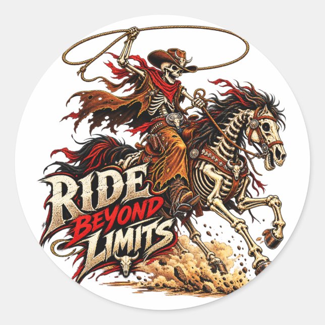 Sticker Rond Conception de cow-boy squelette western Ride Beyon (Devant)