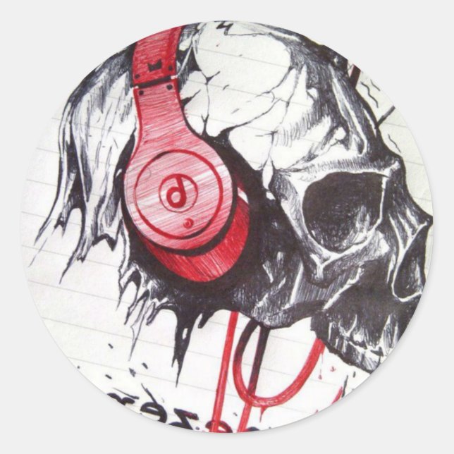 Sticker Rond Conception de crâne avec casque audio (Devant)