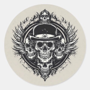 Sticker Rond Conception de crâne complexe avec des ailes et des
