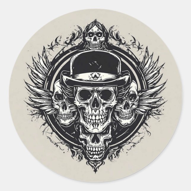 Sticker Rond Conception de crâne complexe avec des ailes et des (Devant)