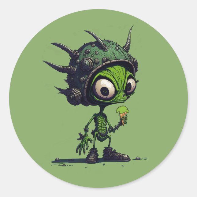 Sticker Rond Conception de dessin animé d'alien mangeant un côn (Devant)