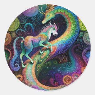 Sticker Rond Conception de dragon de rounds psychédéliques