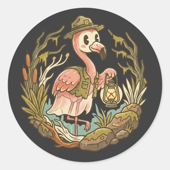 Sticker Rond Conception de flamant rose rétro effrayant des mar (Devant)