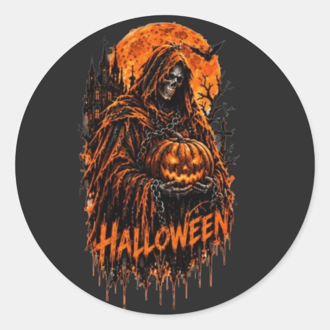 Sticker Rond Conception de Halloween de la Faucheuse Citrouille (Devant)