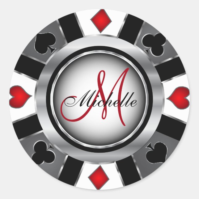 Sticker Rond Conception de jeton de Poker en argent Monogram (Devant)