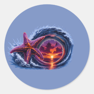 Sticker Rond Conception de la vague océanique et du coucher de 