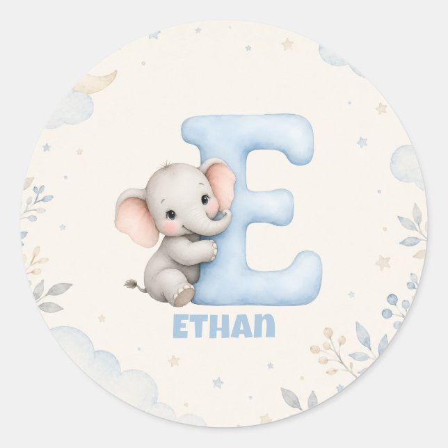 Sticker Rond Conception de lettre E personnalisée pour bébé élé (Devant)