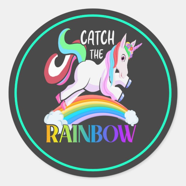 Sticker Rond Conception de licorne arc-en-ciel Catch (Devant)