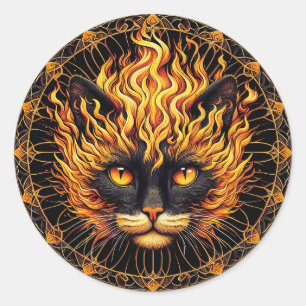 Sticker Rond Conception de Mandala de chat de feu mystique