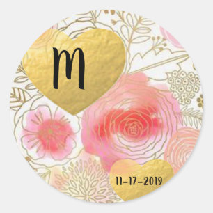 Sticker Rond Conception de Monagram Coeur Floral rose et or