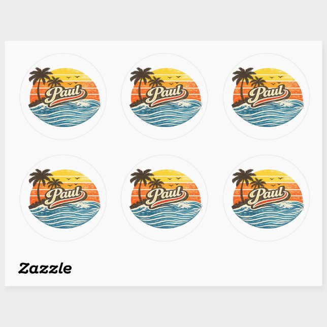 Sticker Rond Conception de nom de Paul au coucher du soleil rét (Feuille)