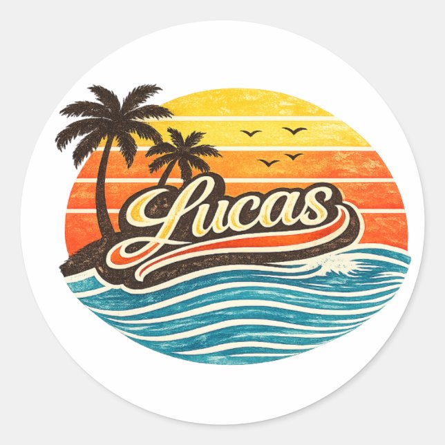 Sticker Rond Conception de nom Lucas Retro Sunset (Devant)
