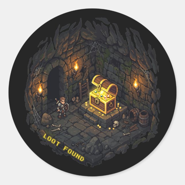 Sticker Rond Conception de Pixel Art de Donjon Fantastique avec (Devant)