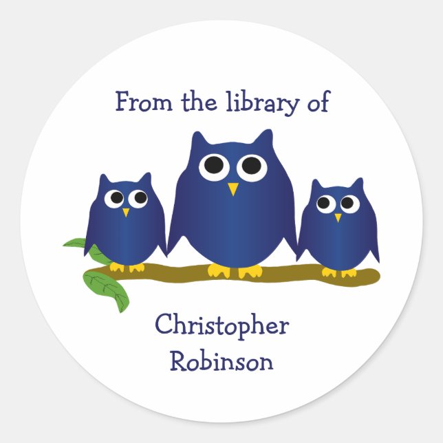 Sticker Rond Conception de planche de livre Hiboux bleus (Devant)