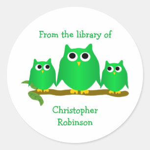 Sticker Rond Conception de signet de livre Hiboux Verts