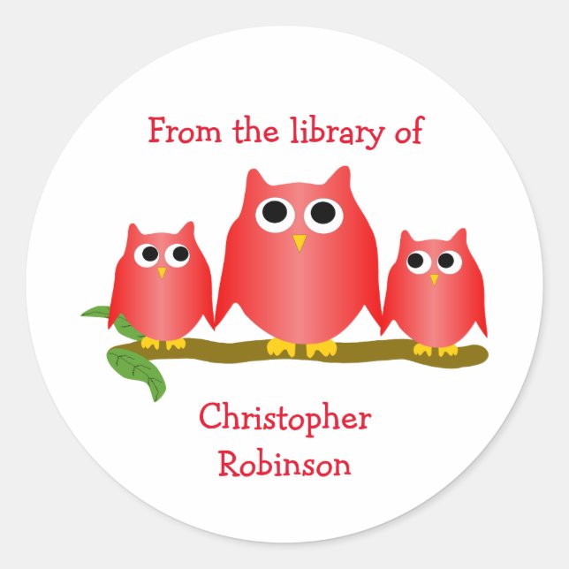 Sticker Rond Conception de signet de livre Rouge Hiboux (Devant)
